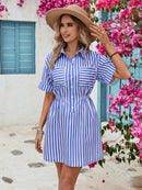 Blue Striped Half Button Short Sleeve Dress