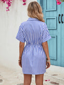 Blue Striped Half Button Short Sleeve Dress