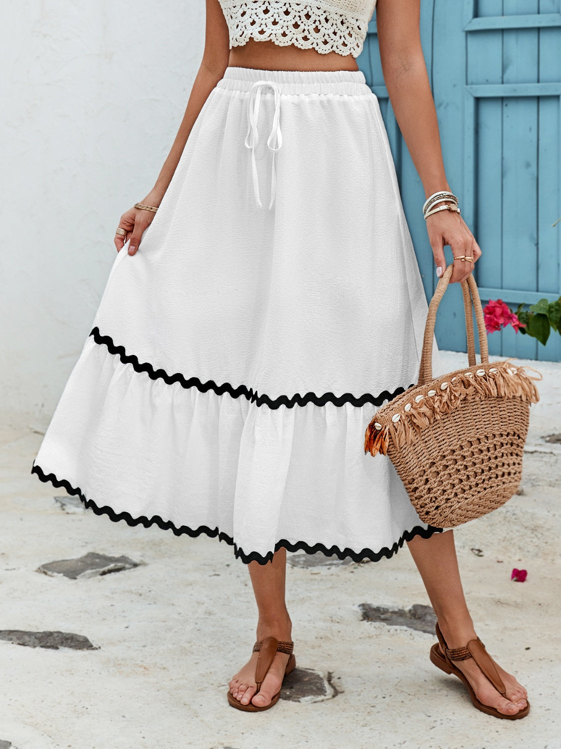 White Contrast Trim High Waist Skirt