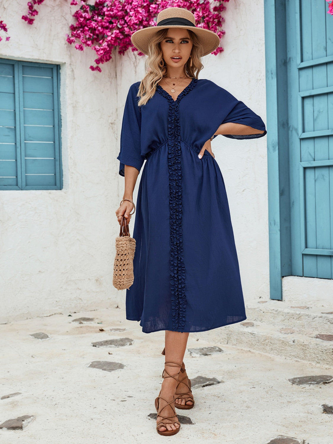 Navy blue three quarter hotsell sleeve dresses