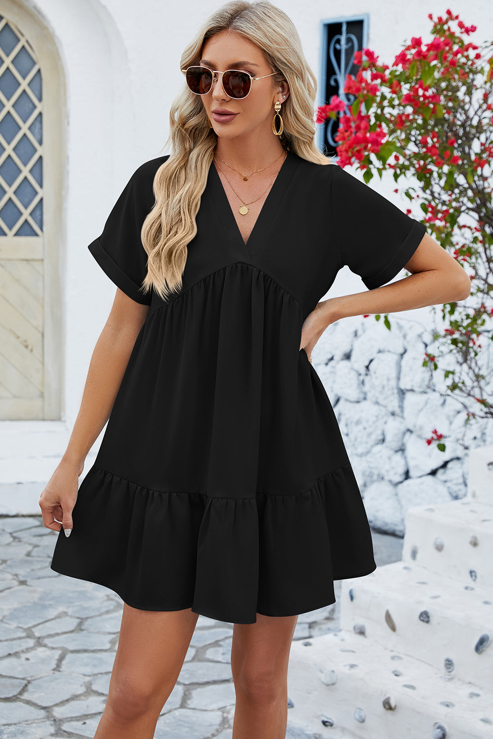 Ruched Tiered V-Neck Mini Dress