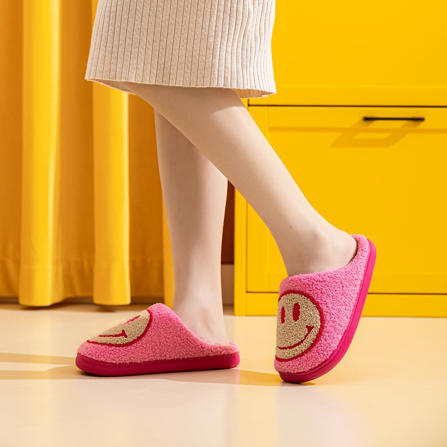 Pink/Yellow Smiley Face Slippers