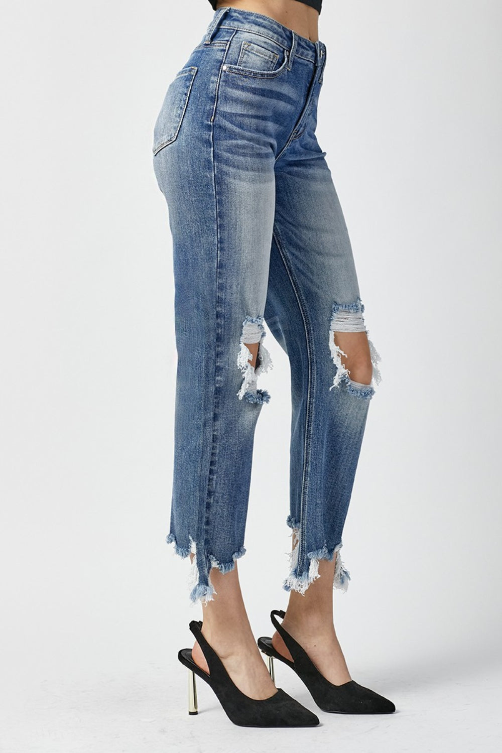 Lora High Waist Distressed Frayed Hem Cropped Straight Jeans