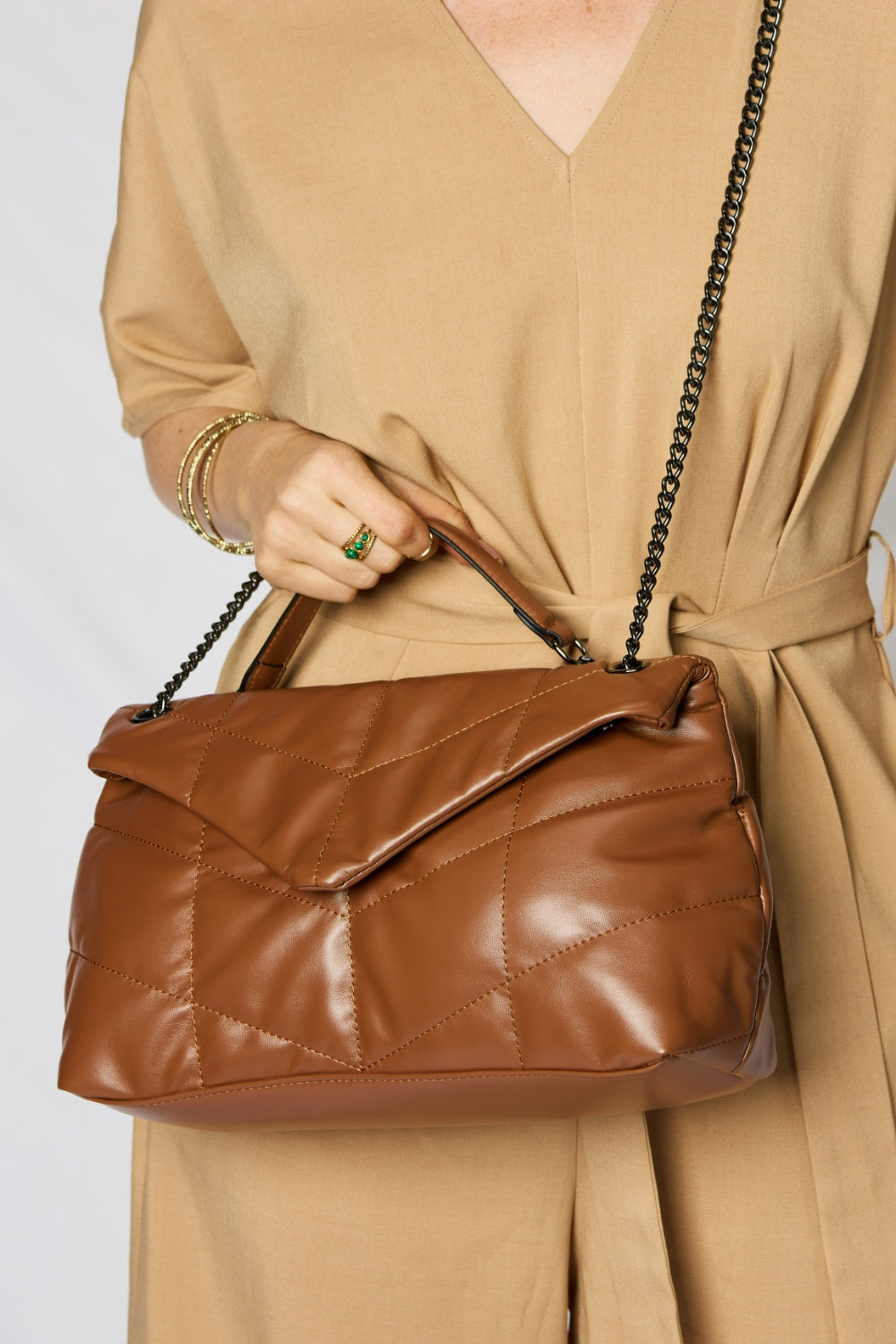 Brown Faux Leather Chain Handbag