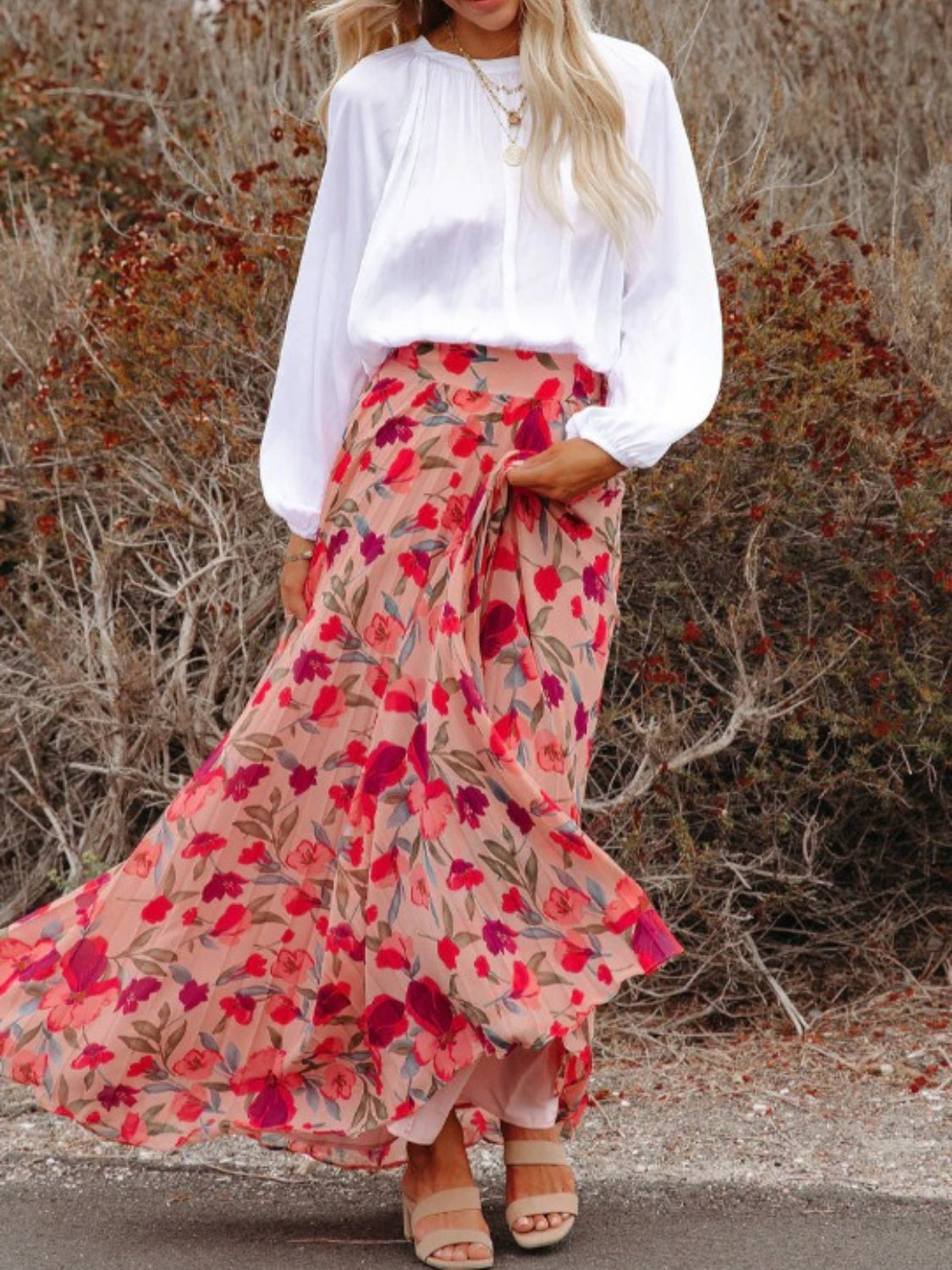 Red Printed High Waist Pleated Skirt