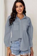 Pocketed Button Up Balloon Sleeve Shirt
