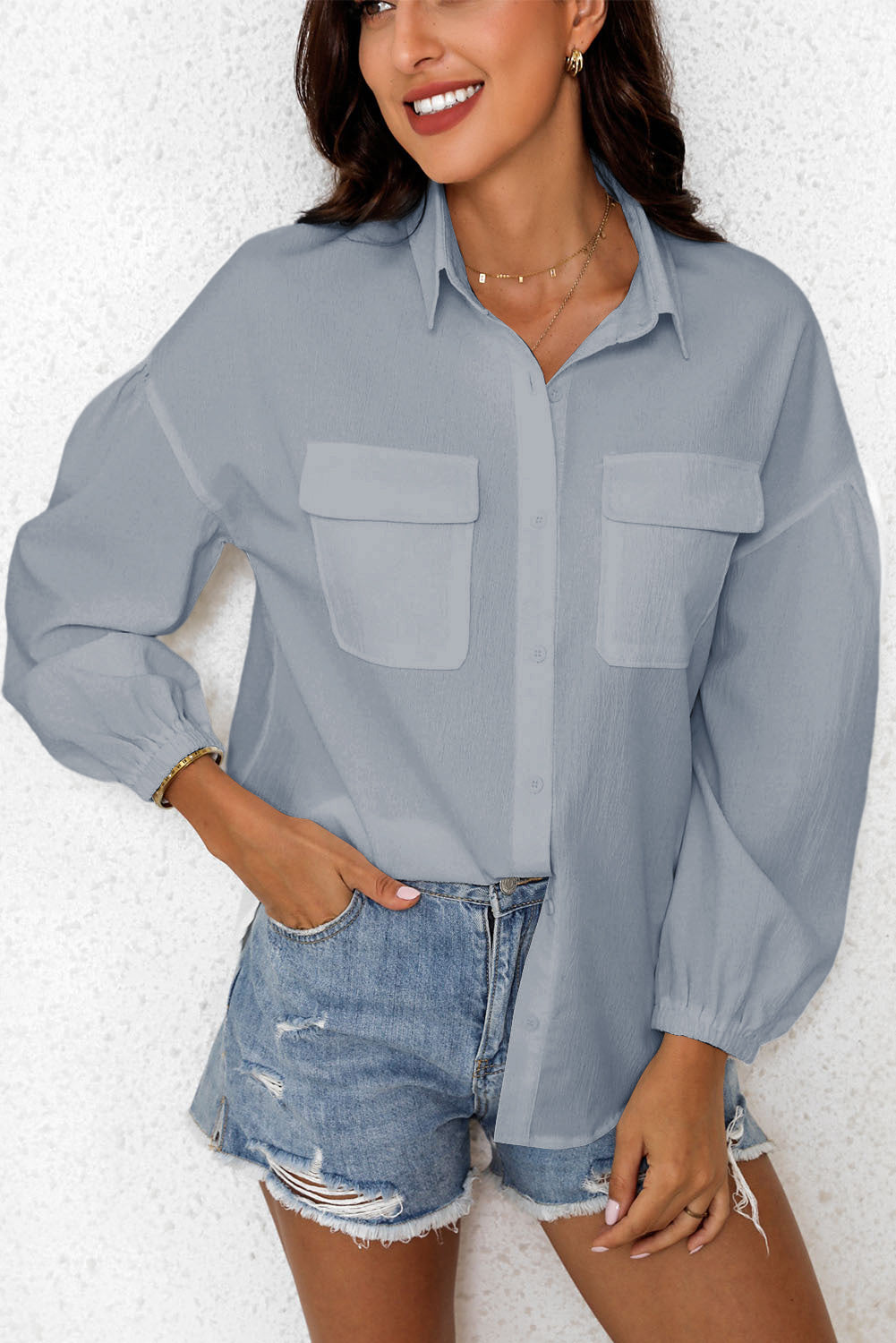 Pocketed Button Up Balloon Sleeve Shirt
