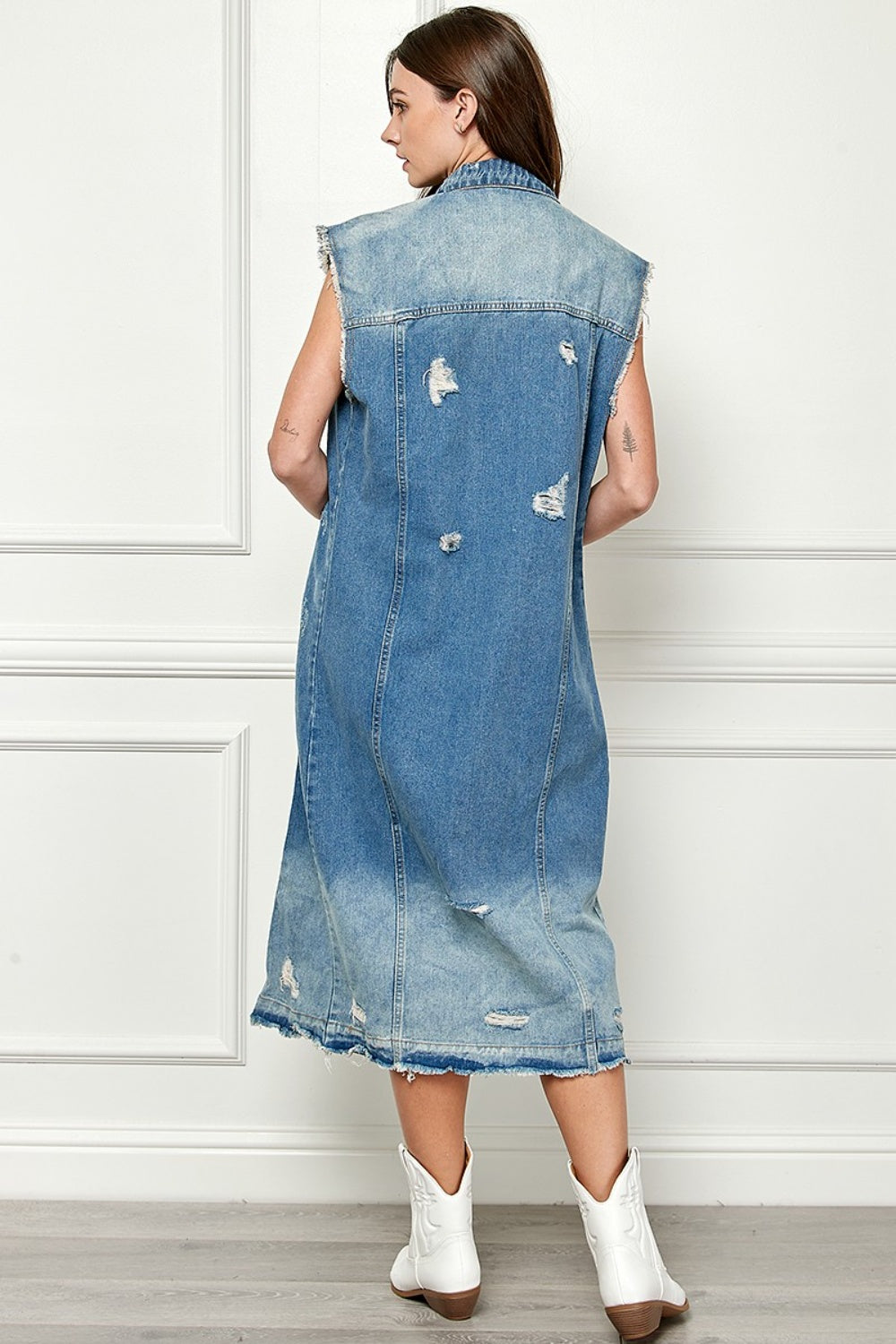 Distressed Sleeveless Longline Denim Jacket Jolie Occasions