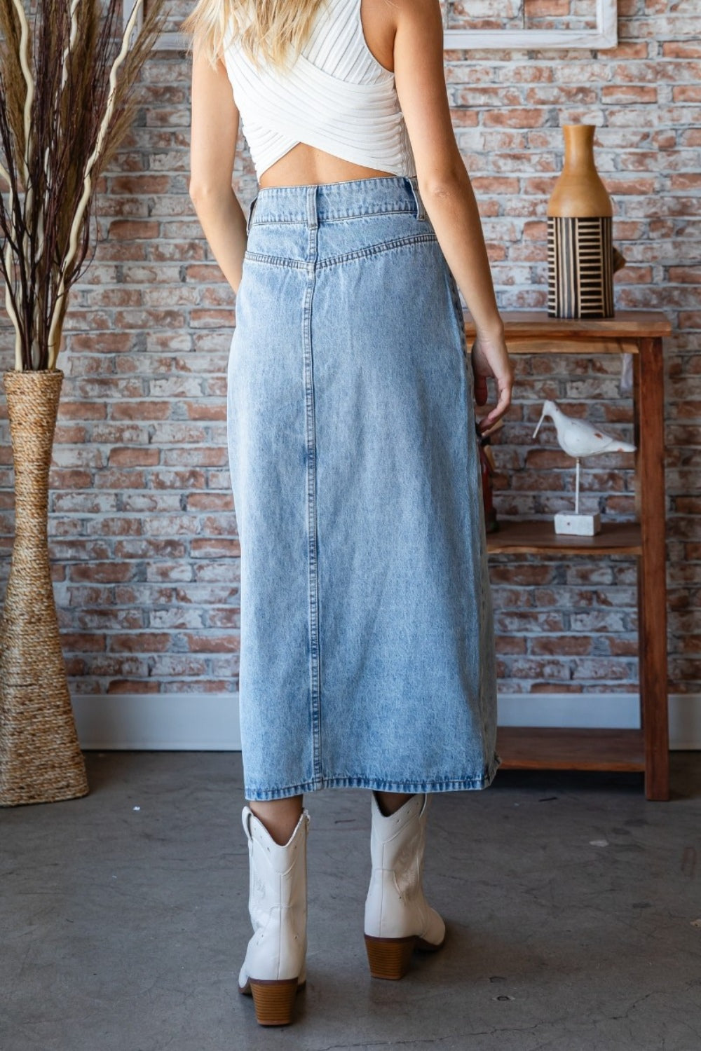 Mid Rise Waist Denim Slit Skirt