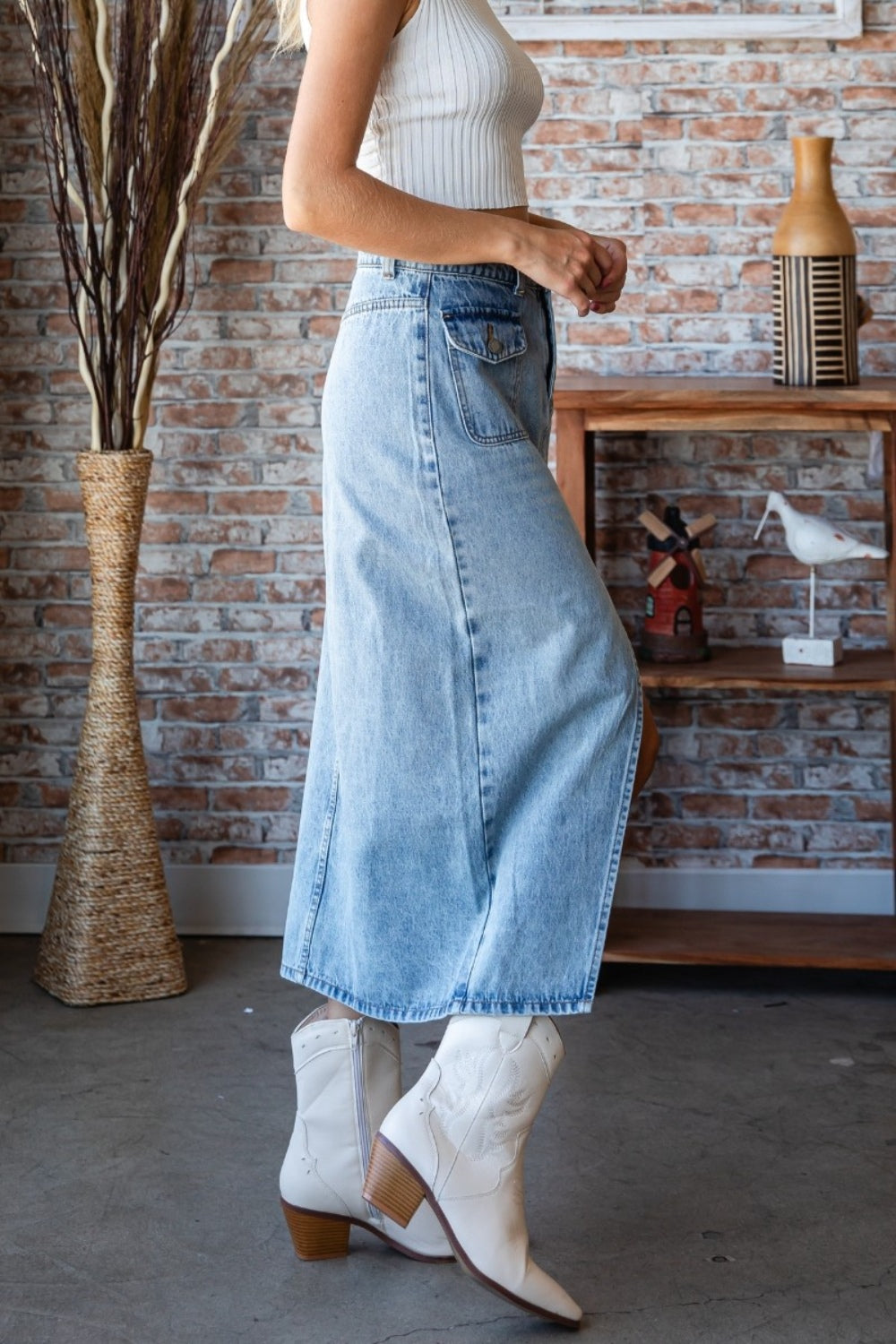 Mid Rise Waist Denim Slit Skirt