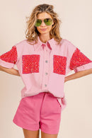 Pink Sequin Detail Raw Hem Short Sleeve Shirt