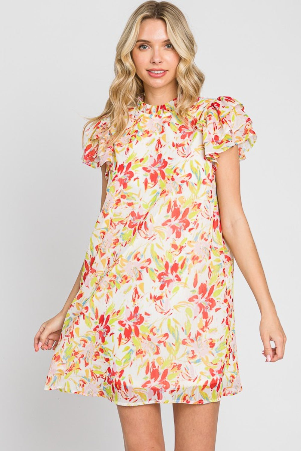 Lime/Red Floral Short Sleeve Mini Dress