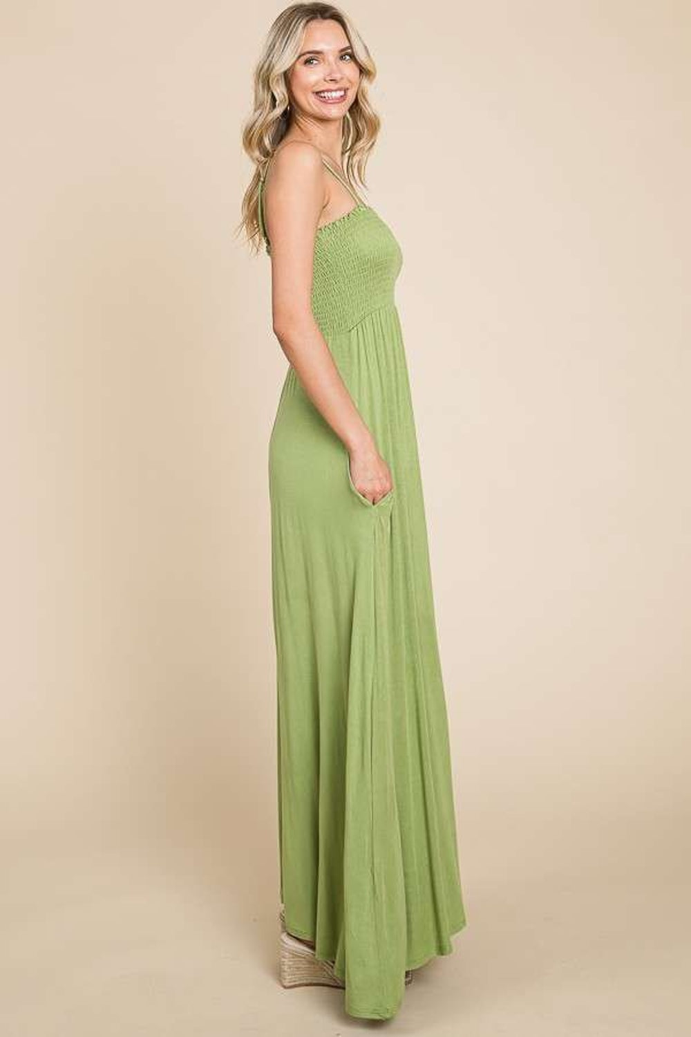 Olive Green Smocked Maxi Dress