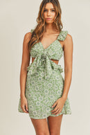 Sage Floral Side Cutout Ruffled Mini Dress