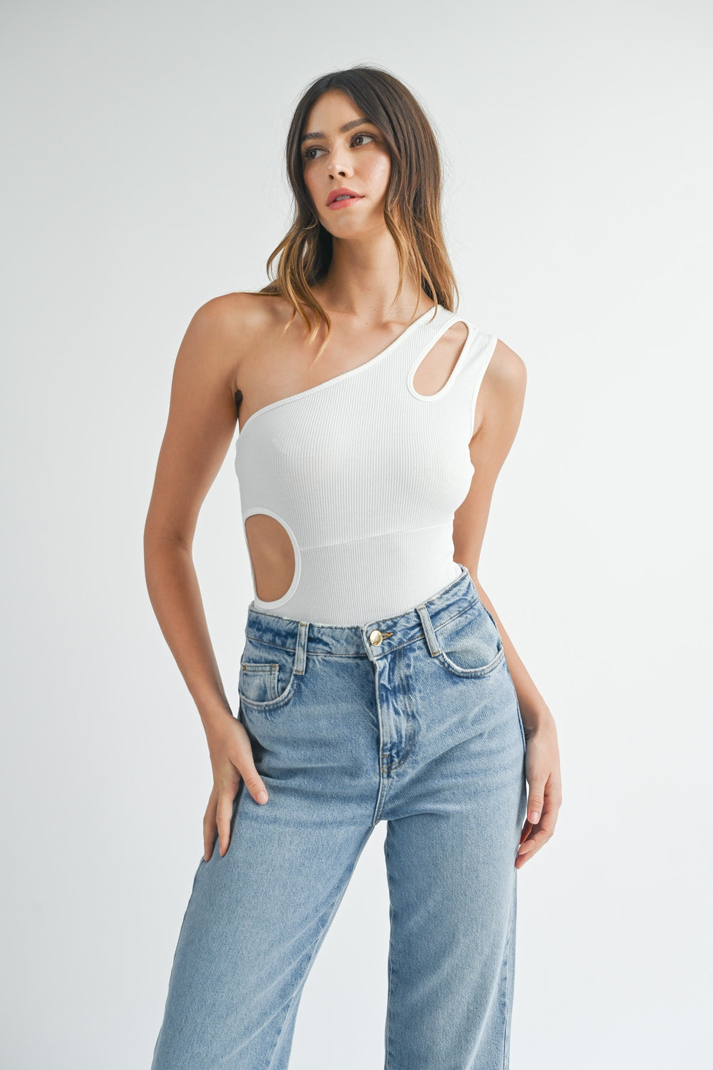 White One Shoulder Ribbed Cutout Bodysuit