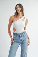 White One Shoulder Ribbed Cutout Bodysuit