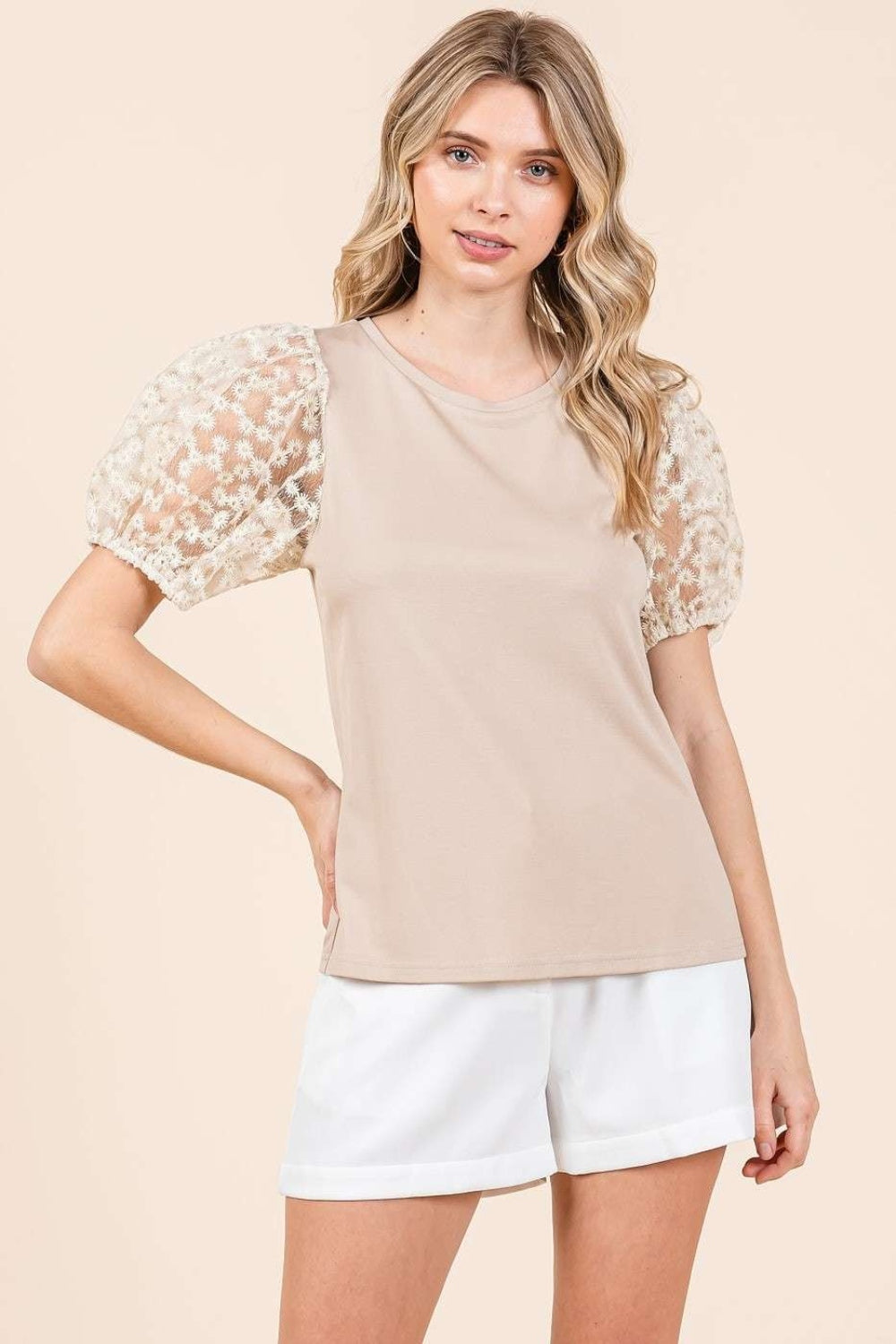 Taupe Round Neck Puff Sleeve Top