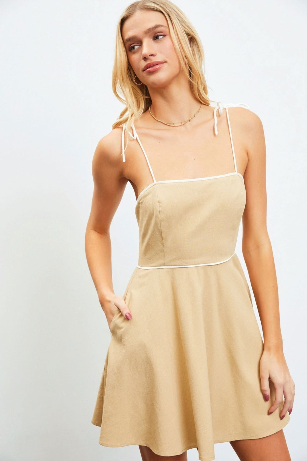 Taupe Contrast Piping Cami Mini Dress