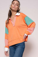 Coral Color Block Top with Striped Panel