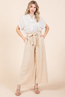 Cream High Waist Tie Front Wide Leg Pants