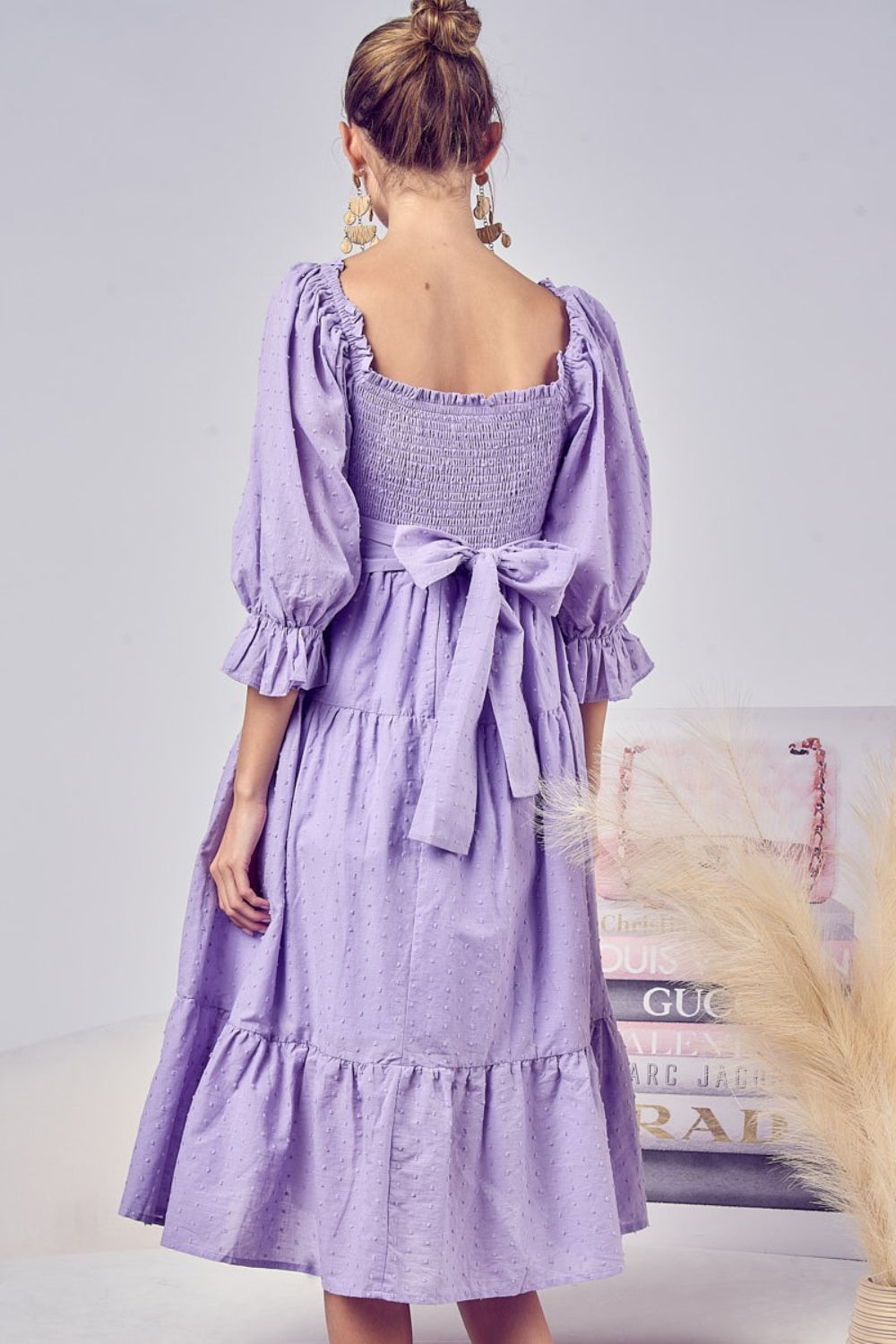 Lavender Swiss Dot Flounce Sleeve Smocked Midi Dress