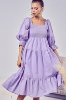 Lavender Swiss Dot Flounce Sleeve Smocked Midi Dress