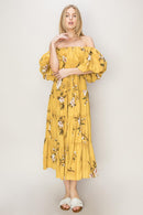 Mustard Floral Puff Sleeve Tiered Dress