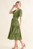 Olive Green Short Sleeve Tiered Midi Dress