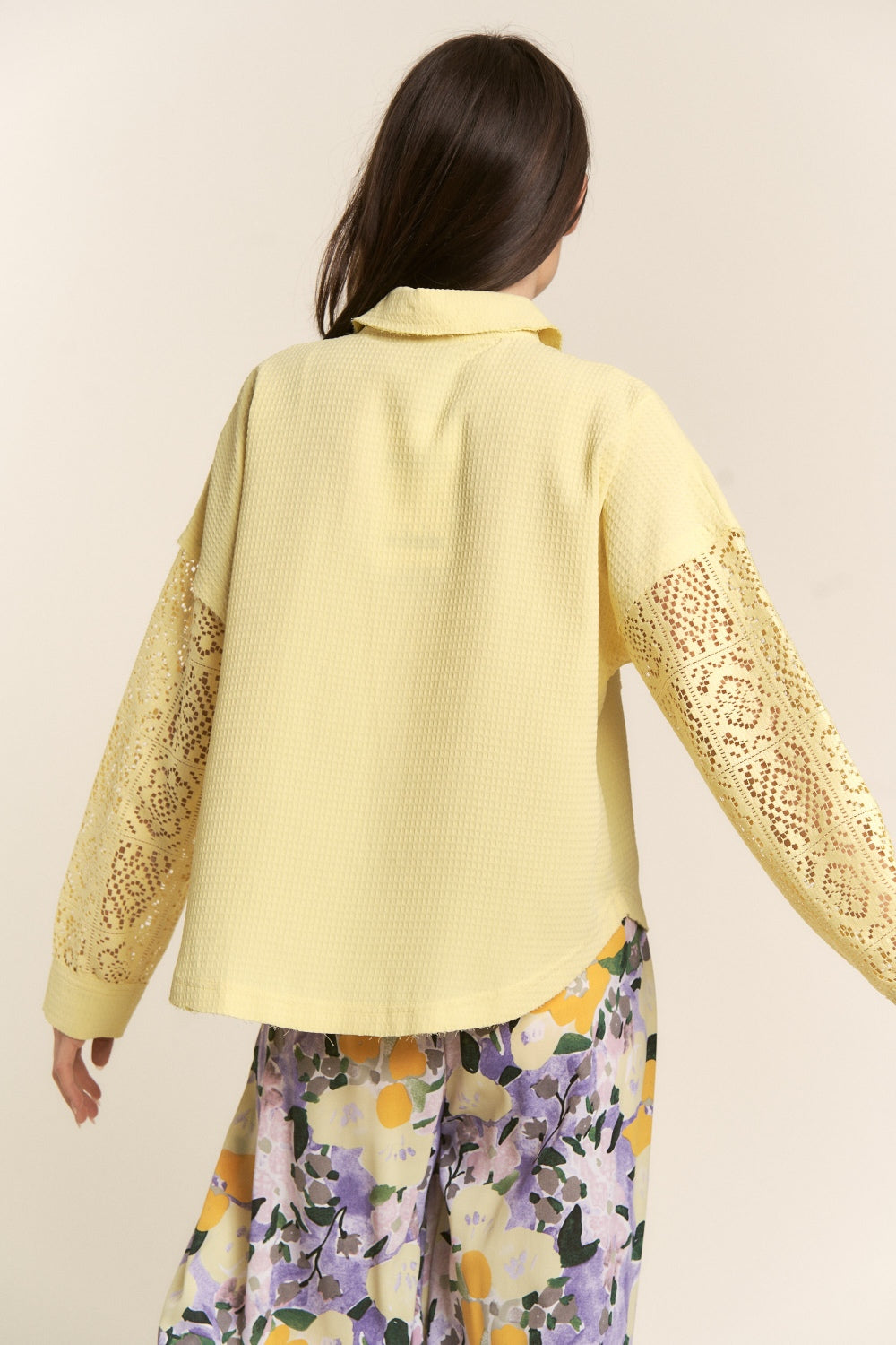 Yellow Button Down Lace Sleeve Waffle Shirt