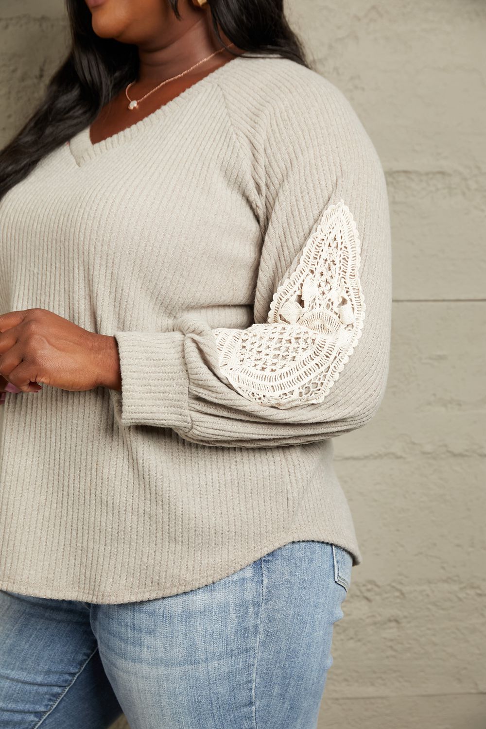Beige Lace Patch Sleeve Sweater
