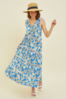 Blue Printed Crochet Trim Maxi Dress