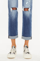 High Waist Distressed Hem Detail Cropped Straight Jeans
