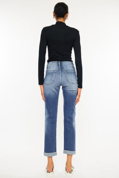 High Waist Distressed Hem Detail Cropped Straight Jeans