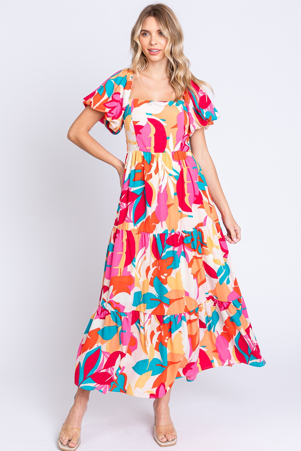 Tropical Abstract Print Tiered Maxi Dress