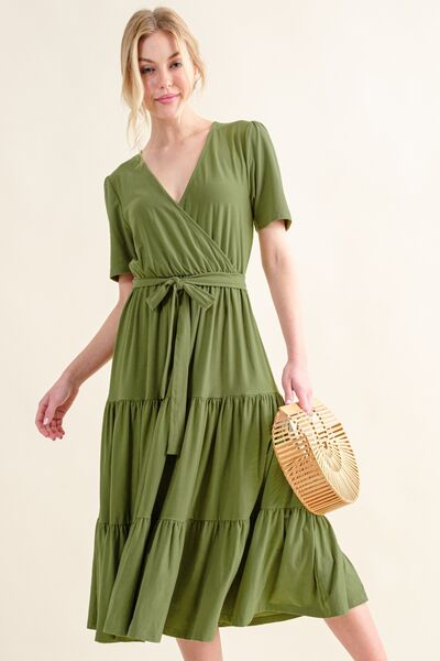 Olive Green Short Sleeve Tiered Midi Dress