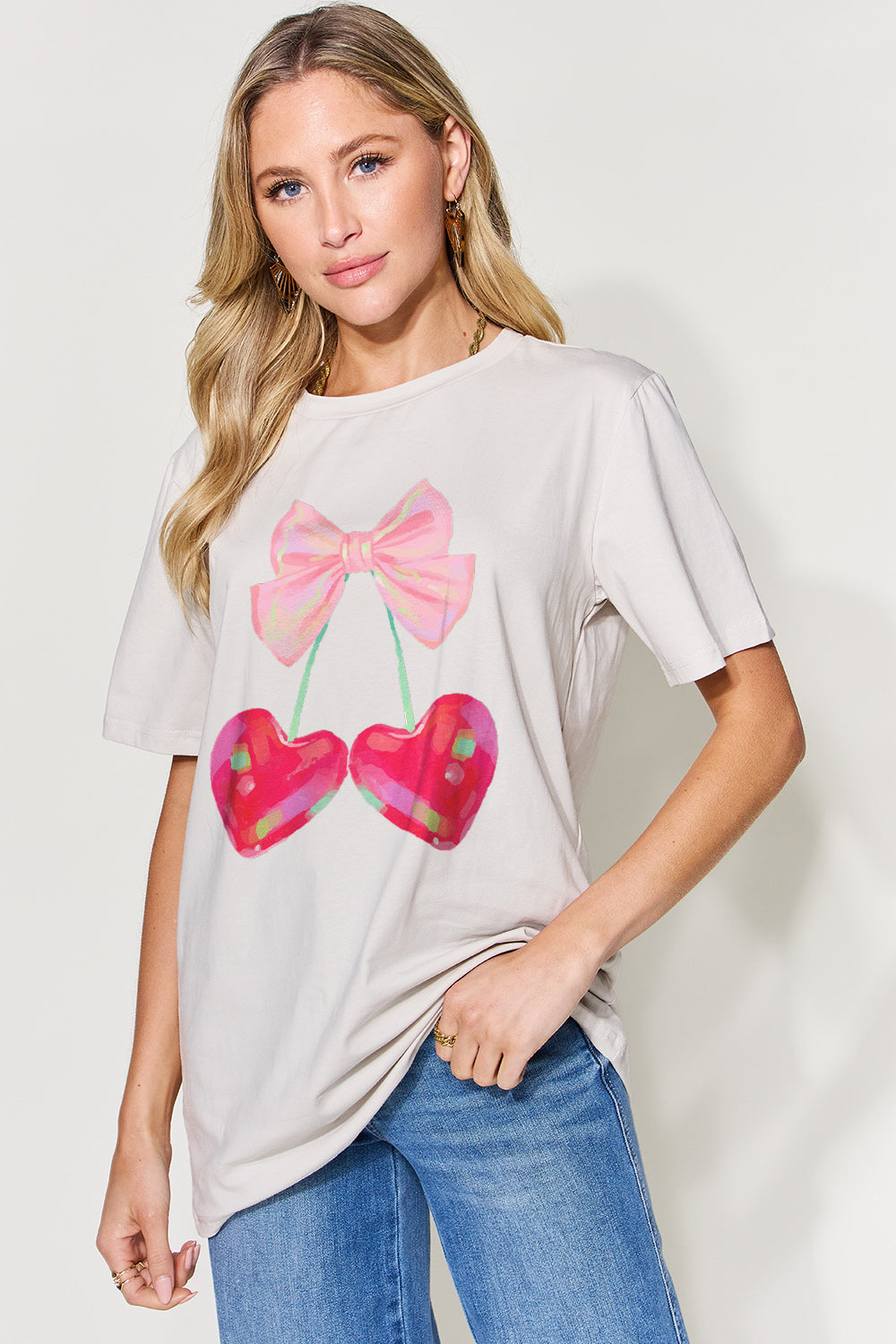 Bow Cherries Graphic Round Neck Short Sleeve Shirt