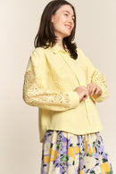Yellow Button Down Lace Sleeve Waffle Shirt