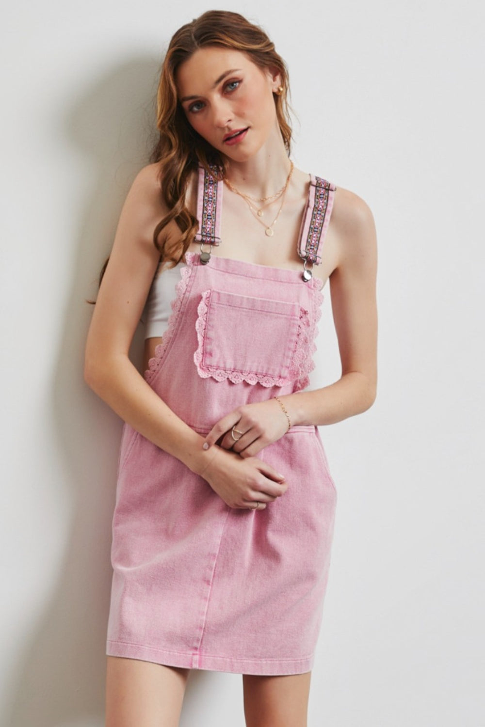 Pink Lace Trim Overall Dress