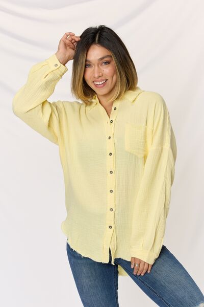 Yellow Texture Button Up Raw Hem Long Sleeve Shirt