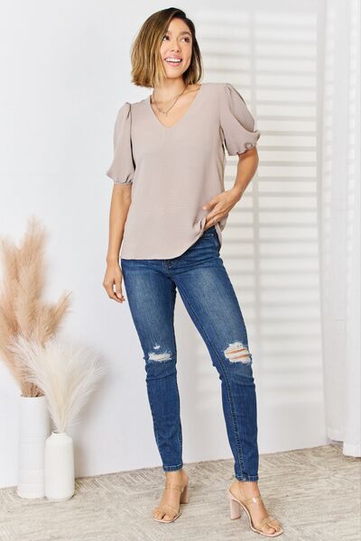 Taupe V-Neck Puff Sleeve Top