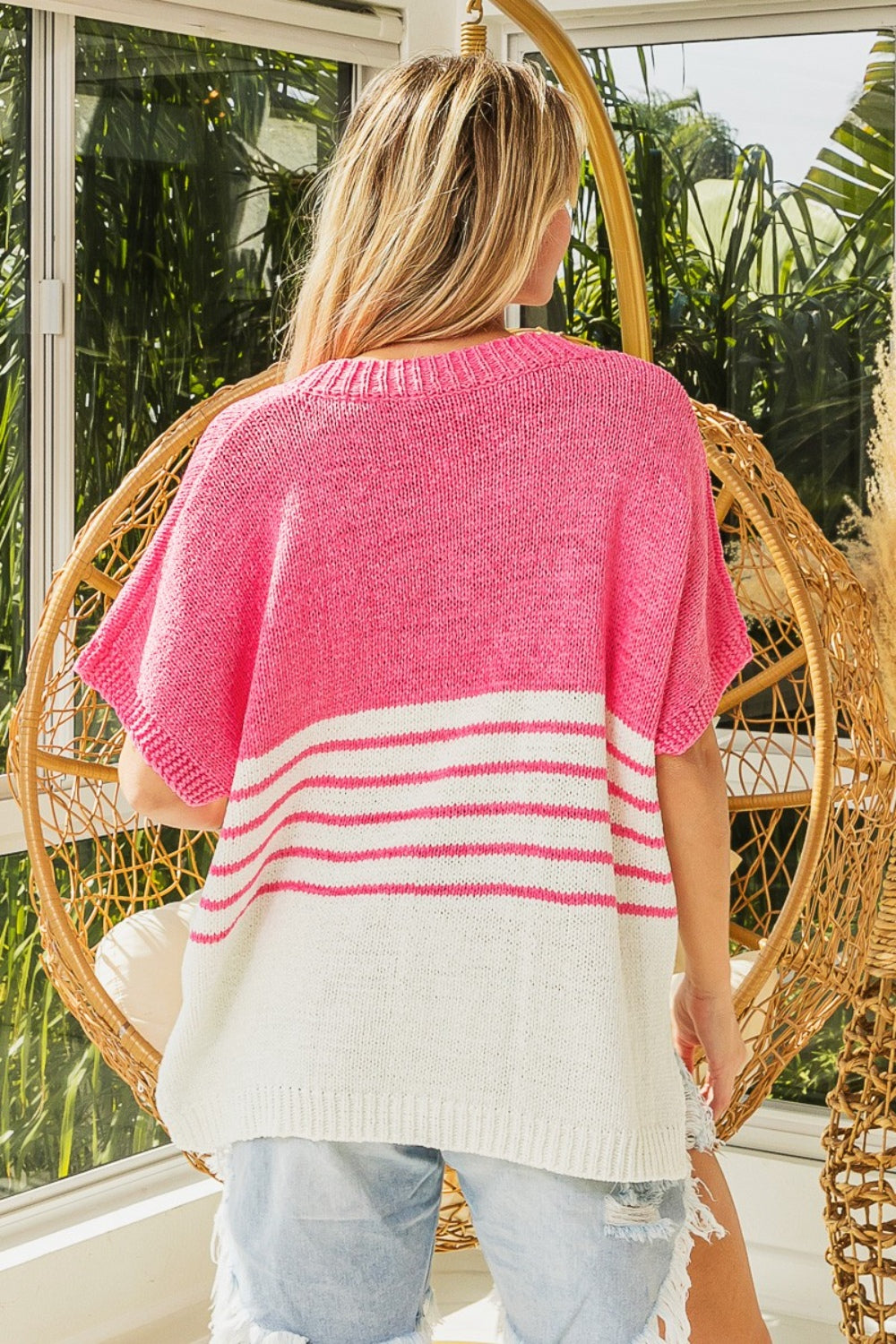 Pink Stripe Short Sleeve V-Neck Sweater