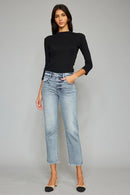 High Waist Button Fly Raw Hem Cropped Straight Jeans