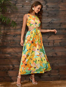 Yellow Floral Cutout Sleeveless Dress