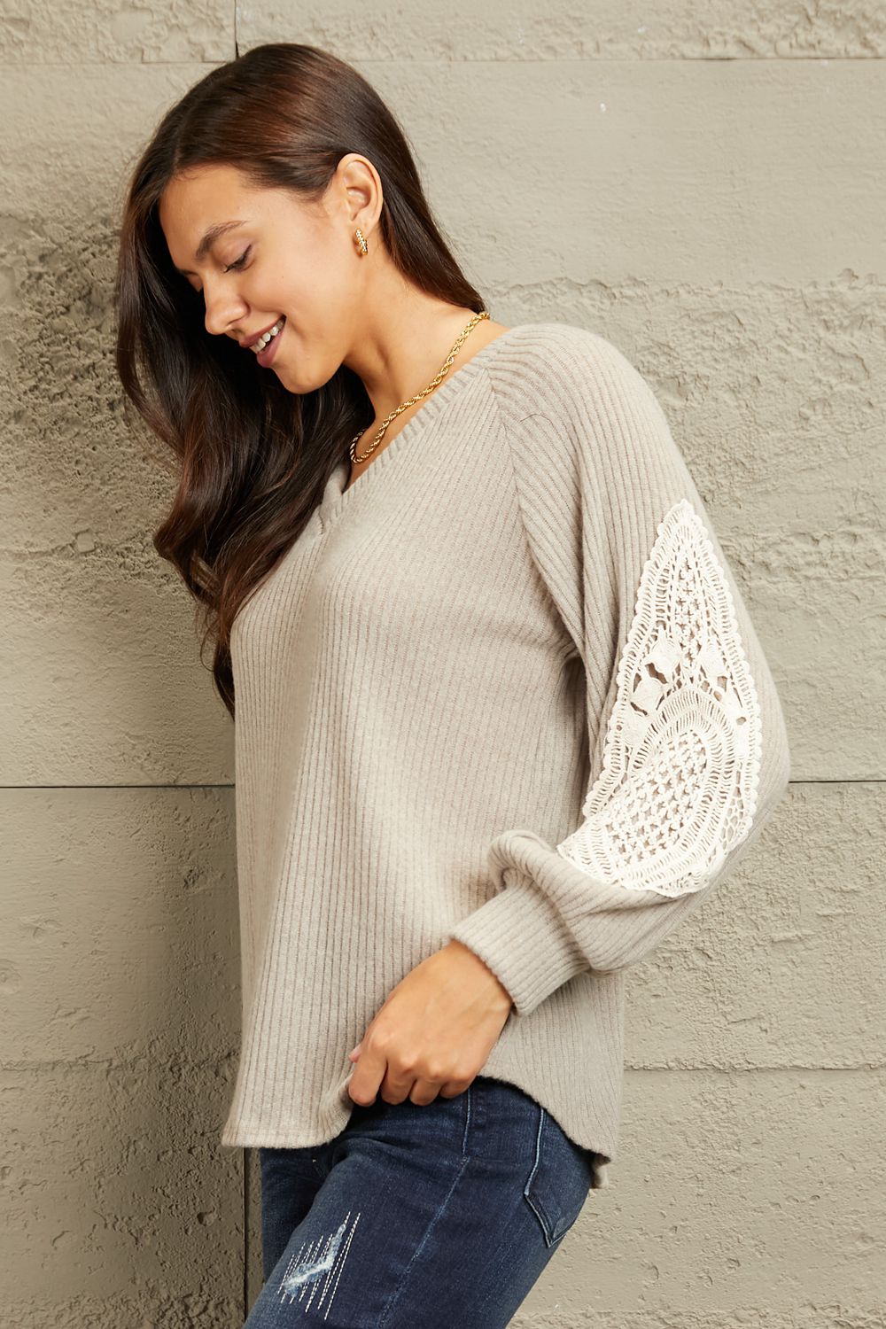 Beige Lace Patch Sleeve Sweater