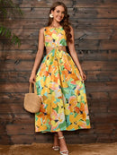 Yellow Floral Cutout Sleeveless Dress