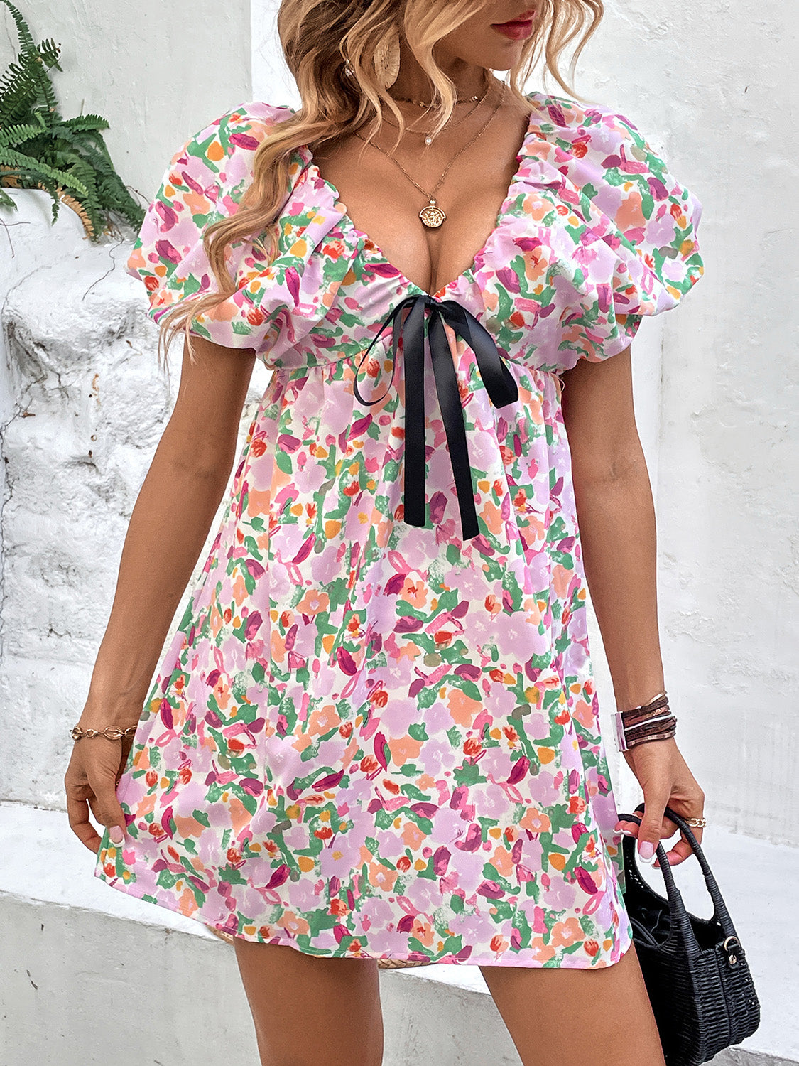 Floral V-Neck Puff Sleeve Mini Dress