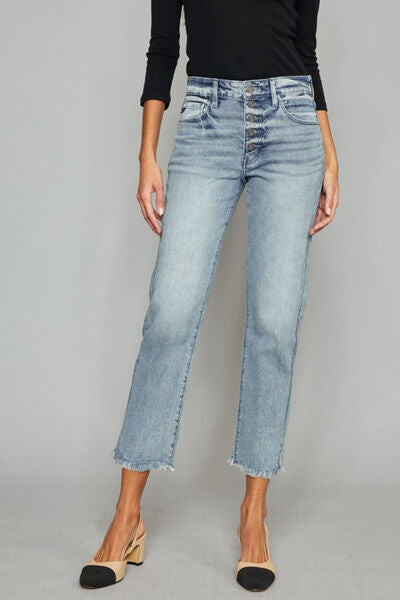 High Waist Button Fly Raw Hem Cropped Straight Jeans