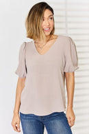 Taupe V-Neck Puff Sleeve Top
